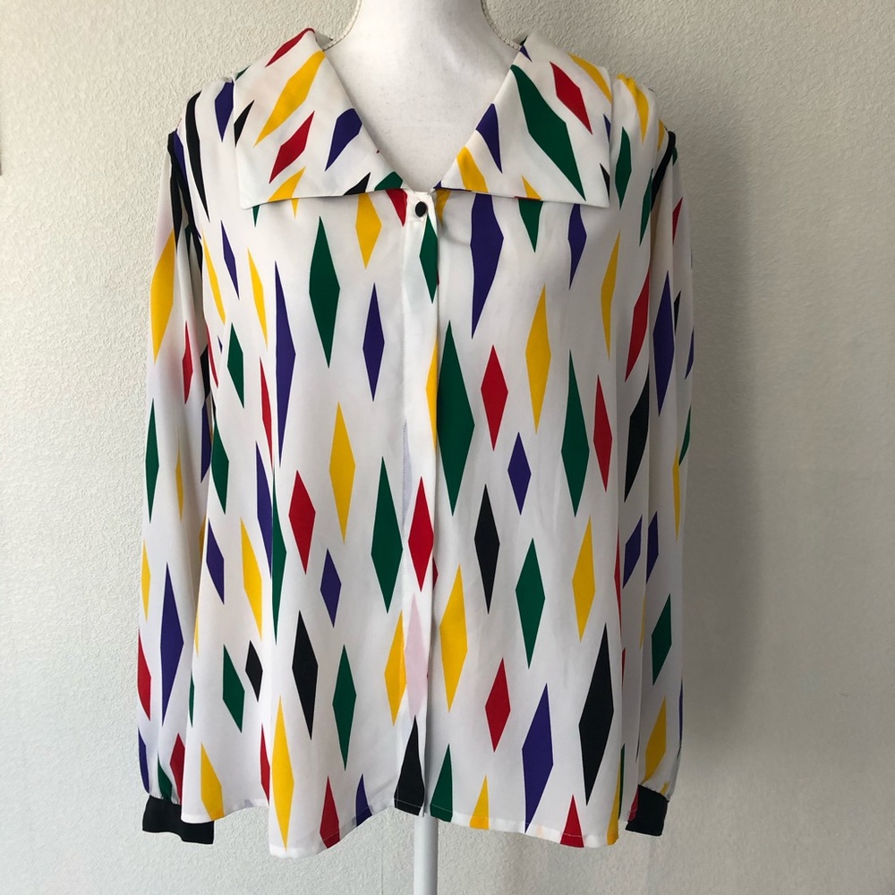 Lloyd Williams Women's Vintage Blouse Size 36 2X Diamond Pattern Button Down